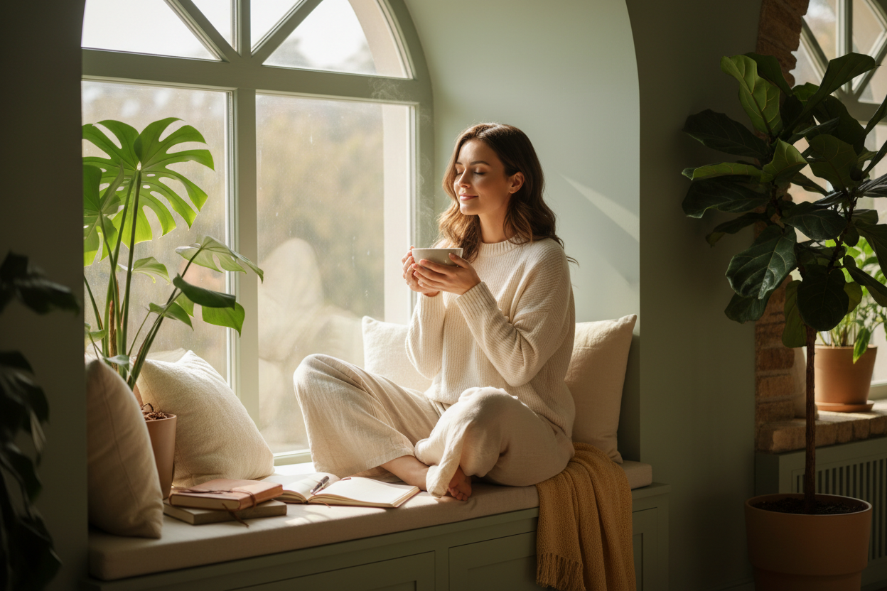 Woman enjoying a calm morning routine with tea and journal by a sunlit window