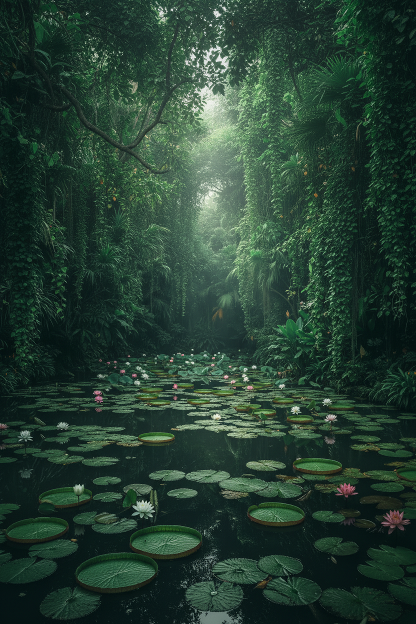 Lush tropical lily pad pond with blooming water lilies, evoking depth, mystery and past life exploration