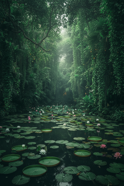 Lush tropical lily pad pond with blooming water lilies, evoking depth, mystery and past life exploration