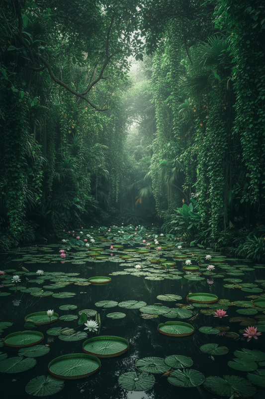 Lush tropical lily pad pond with blooming water lilies, evoking depth, mystery and past life exploration