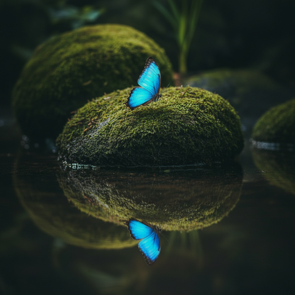 Blue morpho butterfly perched on a moss-covered rock with its reflection in the water below