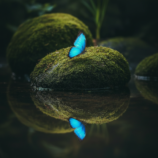 Blue morpho butterfly perched on a moss-covered rock with its reflection in the water below